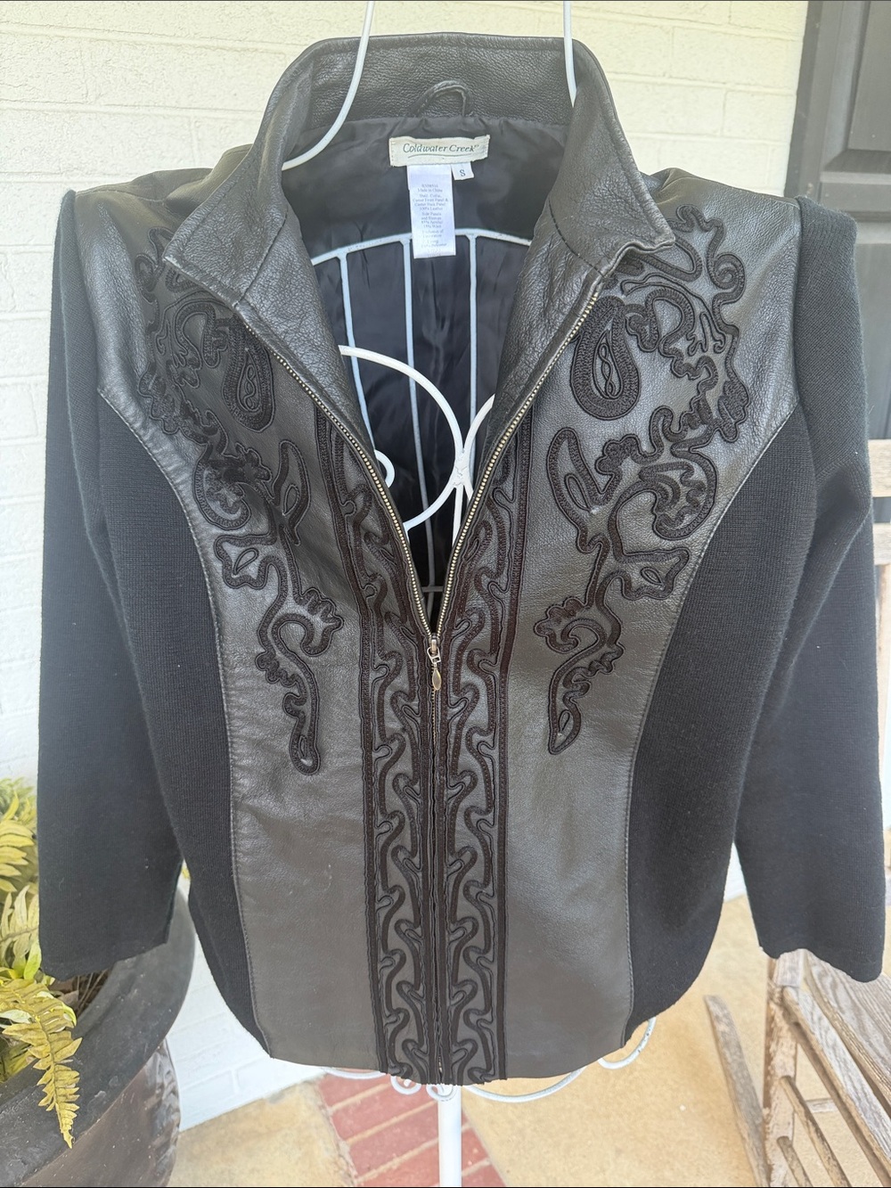 Coldwater Creek Black Leather-Trim Embroidered Zip Jacket